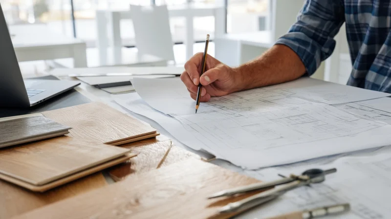 Architect drafting technical blueprint on desk with tools and wood samples in modern office