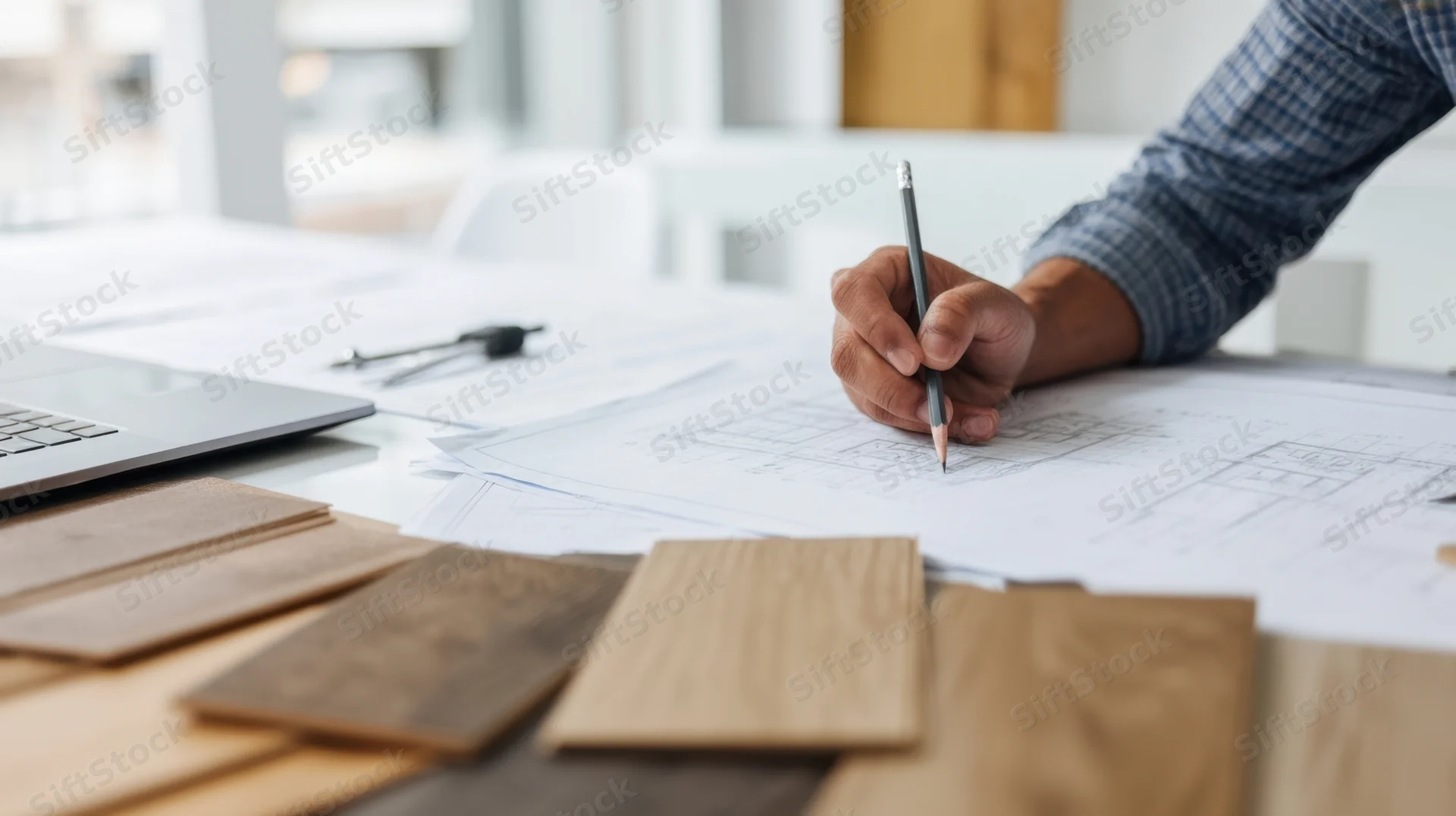 Architect's hand sketching blueprint with pencil on desk surrounded by wood samples and laptop
