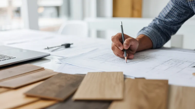Architect's hand sketching blueprint with pencil on desk surrounded by wood samples and laptop