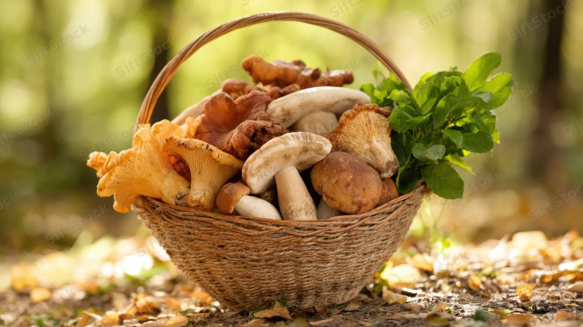Woven basket filled with wild mushrooms and green leaves resting on forest floor