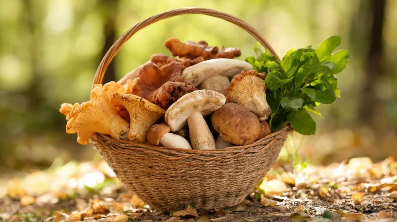 Woven basket filled with wild mushrooms and green leaves resting on forest floor