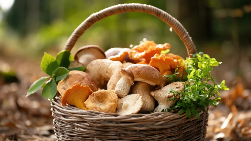Woven basket filled with wild mushrooms and green leaves in a forest setting