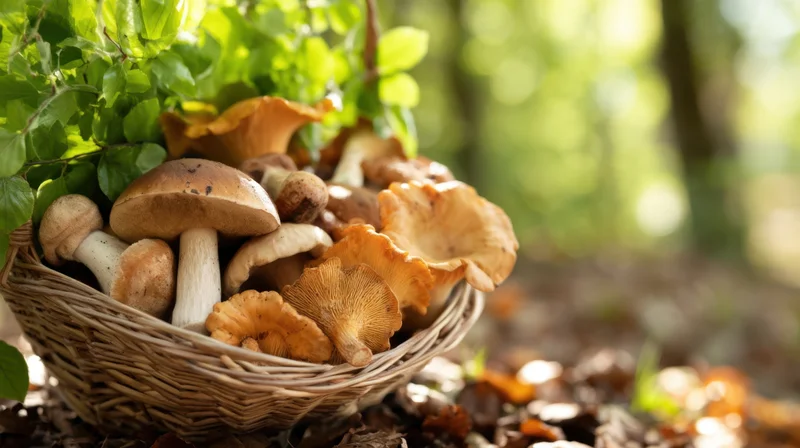 Woven basket filled with assorted wild mushrooms and green leaves resting on forest floor