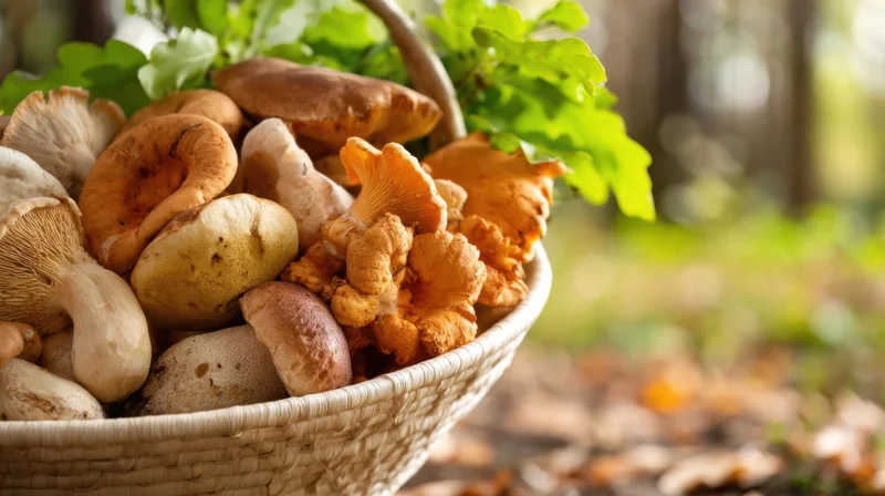 Woven basket filled with assorted wild mushrooms and green leaves in a forest setting