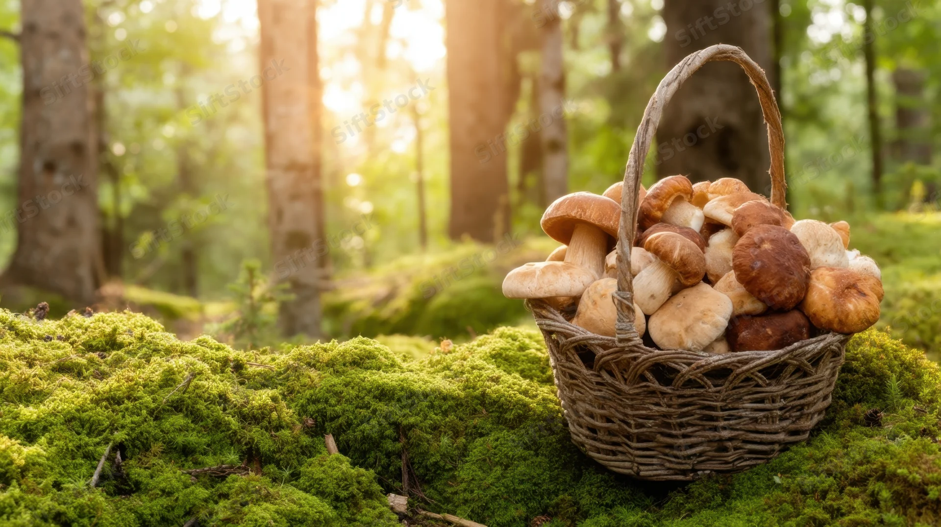 Woven basket filled with wild mushrooms resting on mossy forest floor at sunrise