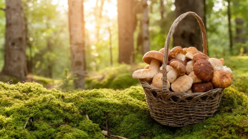 Woven basket filled with wild mushrooms resting on mossy forest floor at sunrise