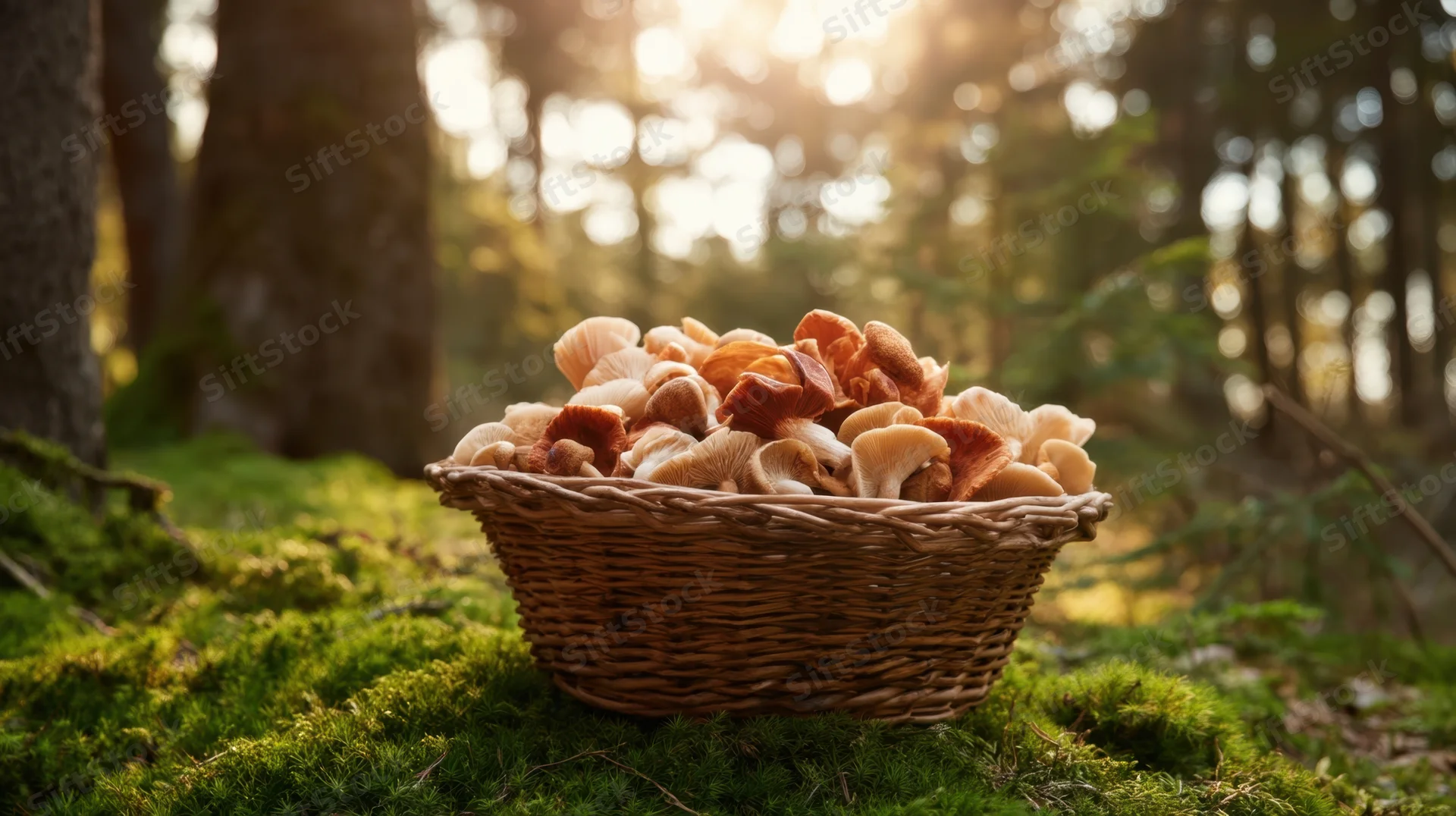 Woven basket filled with wild mushrooms resting on mossy ground in a sunlit forest