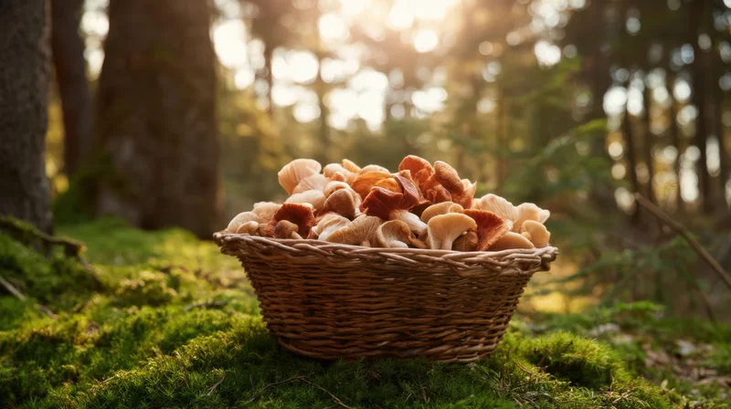 Woven basket filled with wild mushrooms resting on mossy ground in a sunlit forest