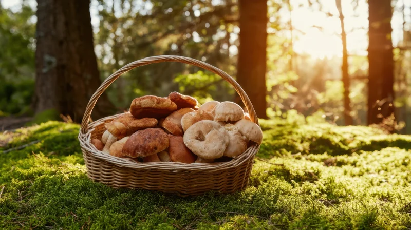 Woven basket filled with wild mushrooms resting on mossy forest floor at golden hour