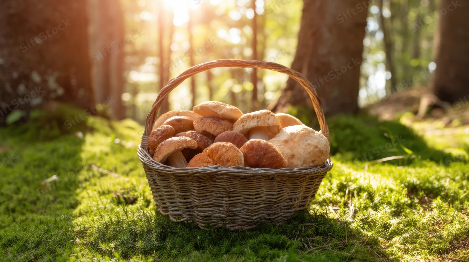 Woven basket filled with mushrooms resting on mossy forest floor in dappled sunlight
