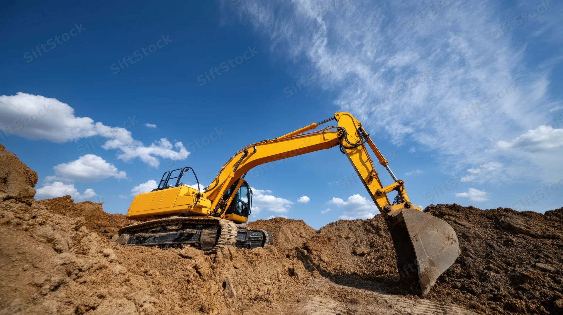 Yellow excavator digging soil on a construction site under a blue sky