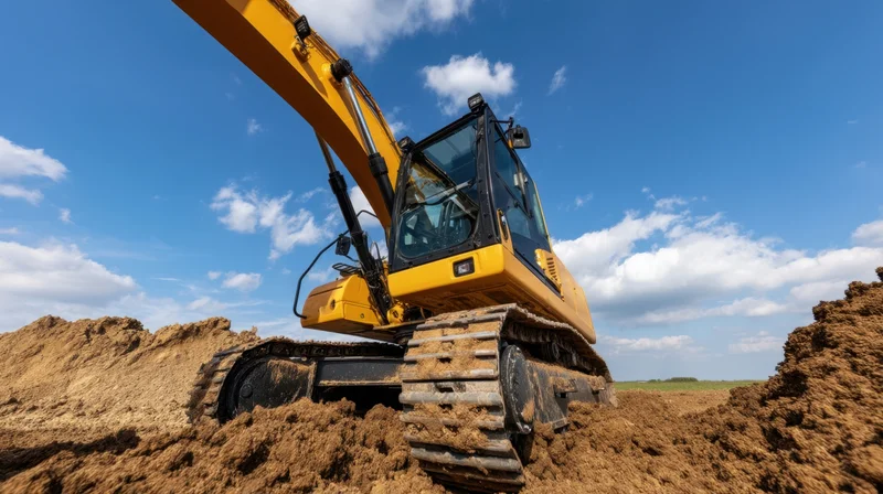 Yellow excavator digging soil on construction site under blue sky