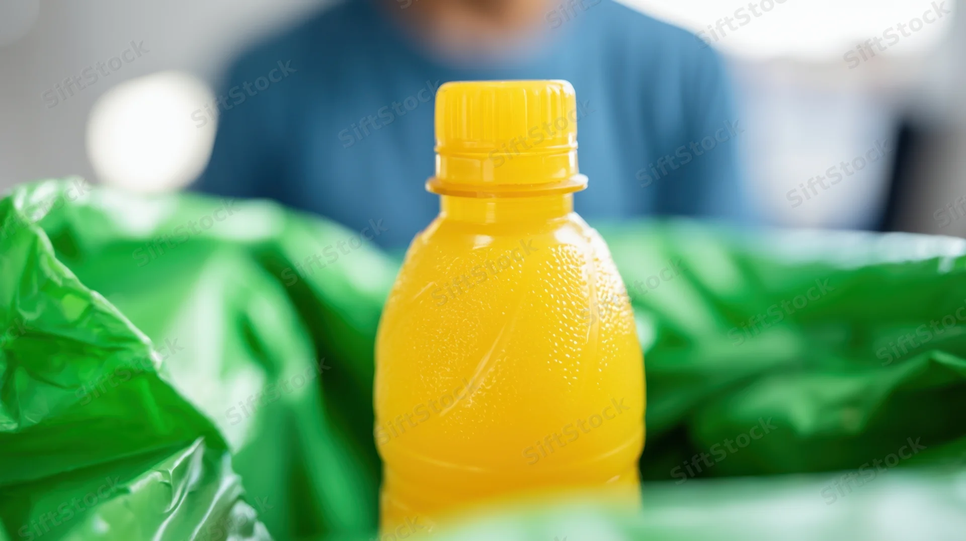 Yellow plastic bottle of orange juice with condensation sitting on a green recycling bag
