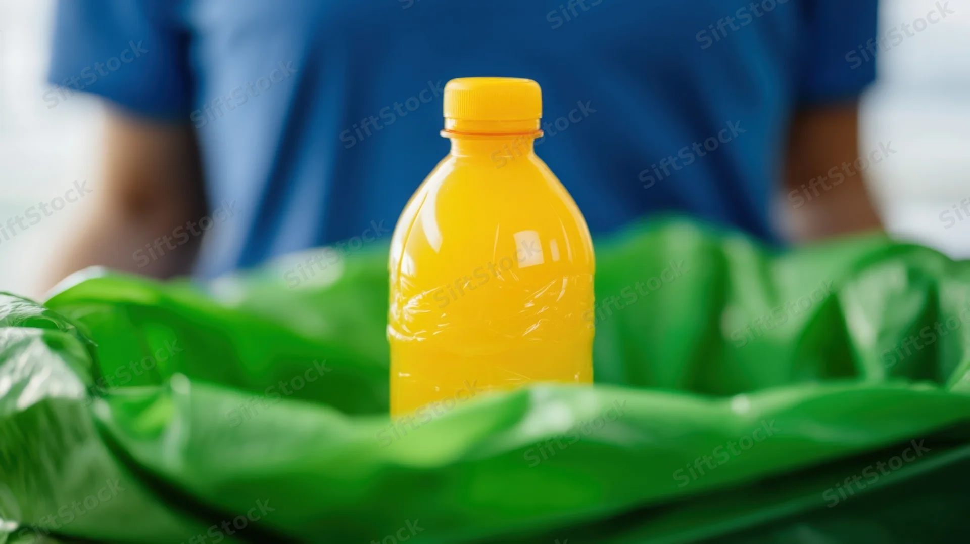 Yellow plastic bottle in a green garbage bag with a person in the background