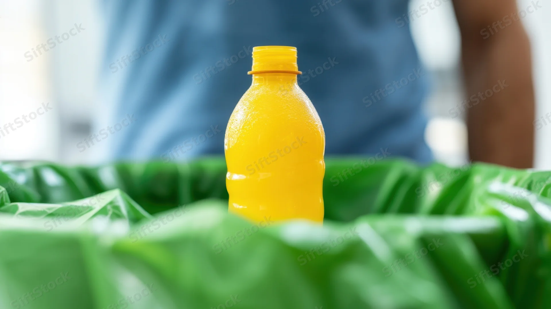 Yellow plastic bottle in green trash bag with person in background