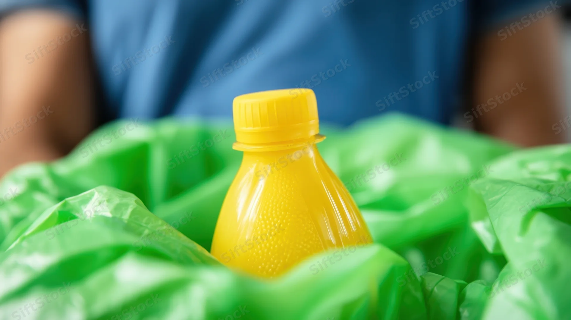 Yellow plastic bottle in a green garbage bag held by a person in a blue shirt