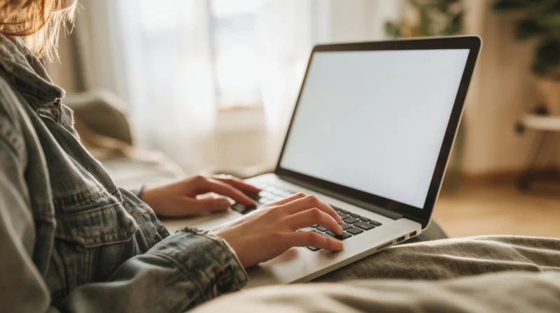 Woman typing on laptop while sitting on bed at home