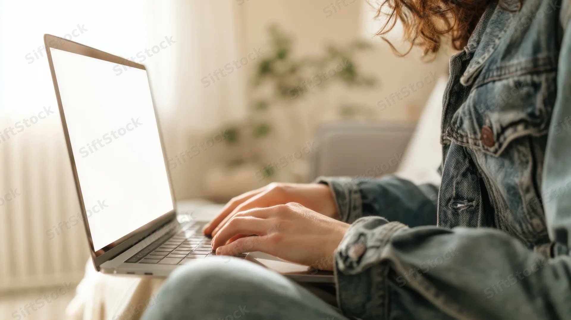 Woman typing on laptop at home in casual denim jacket