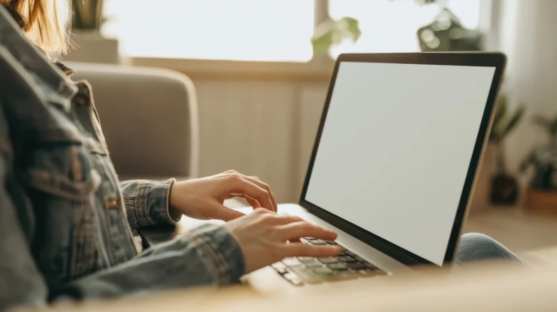 Woman typing on laptop at home with white screen display