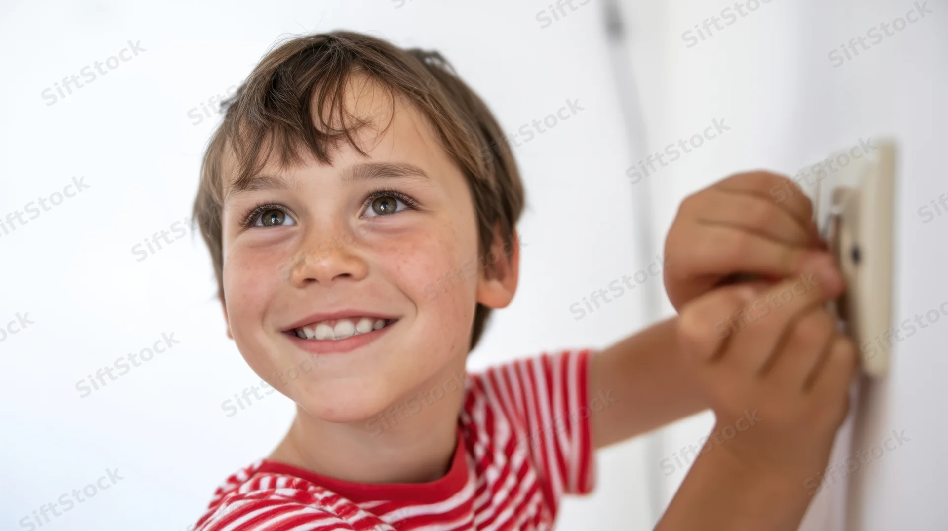 Young boy smiling while flipping a light switch on a white wall indoors