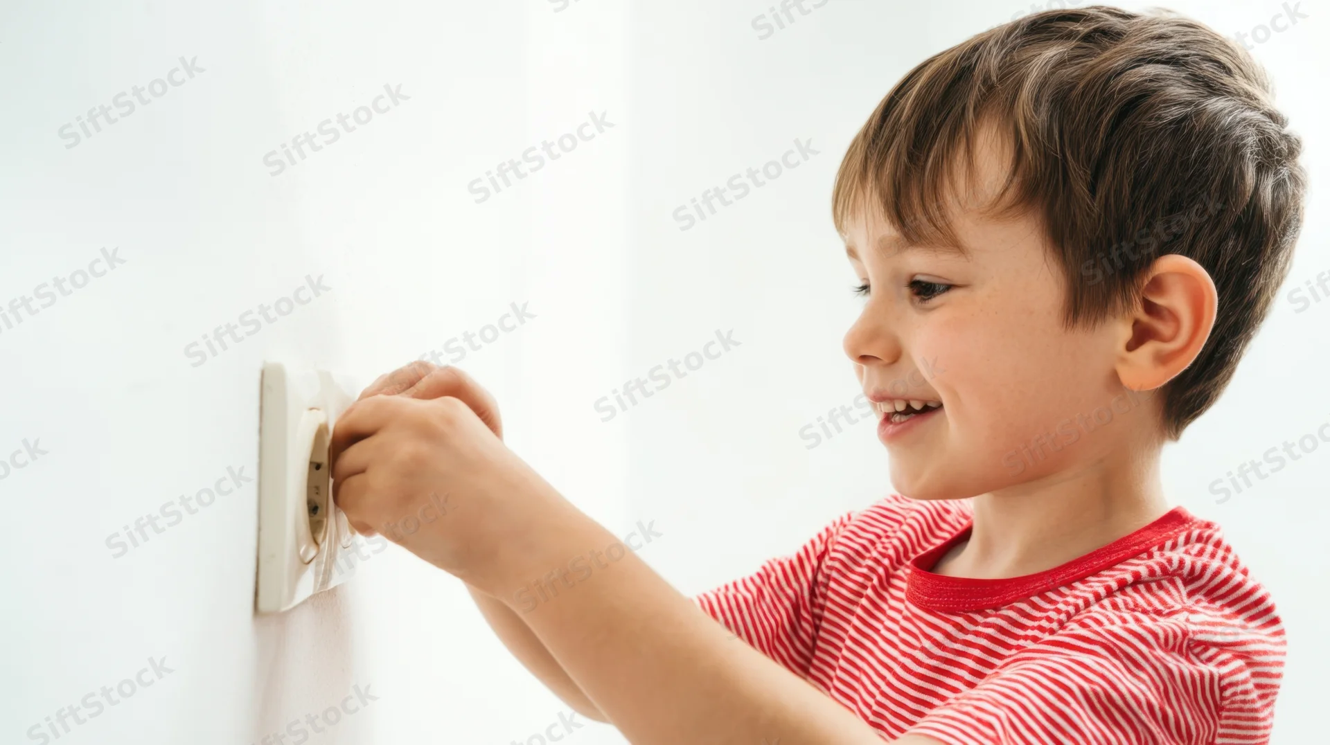 Young boy smiling while inserting a plug into a wall socket at home