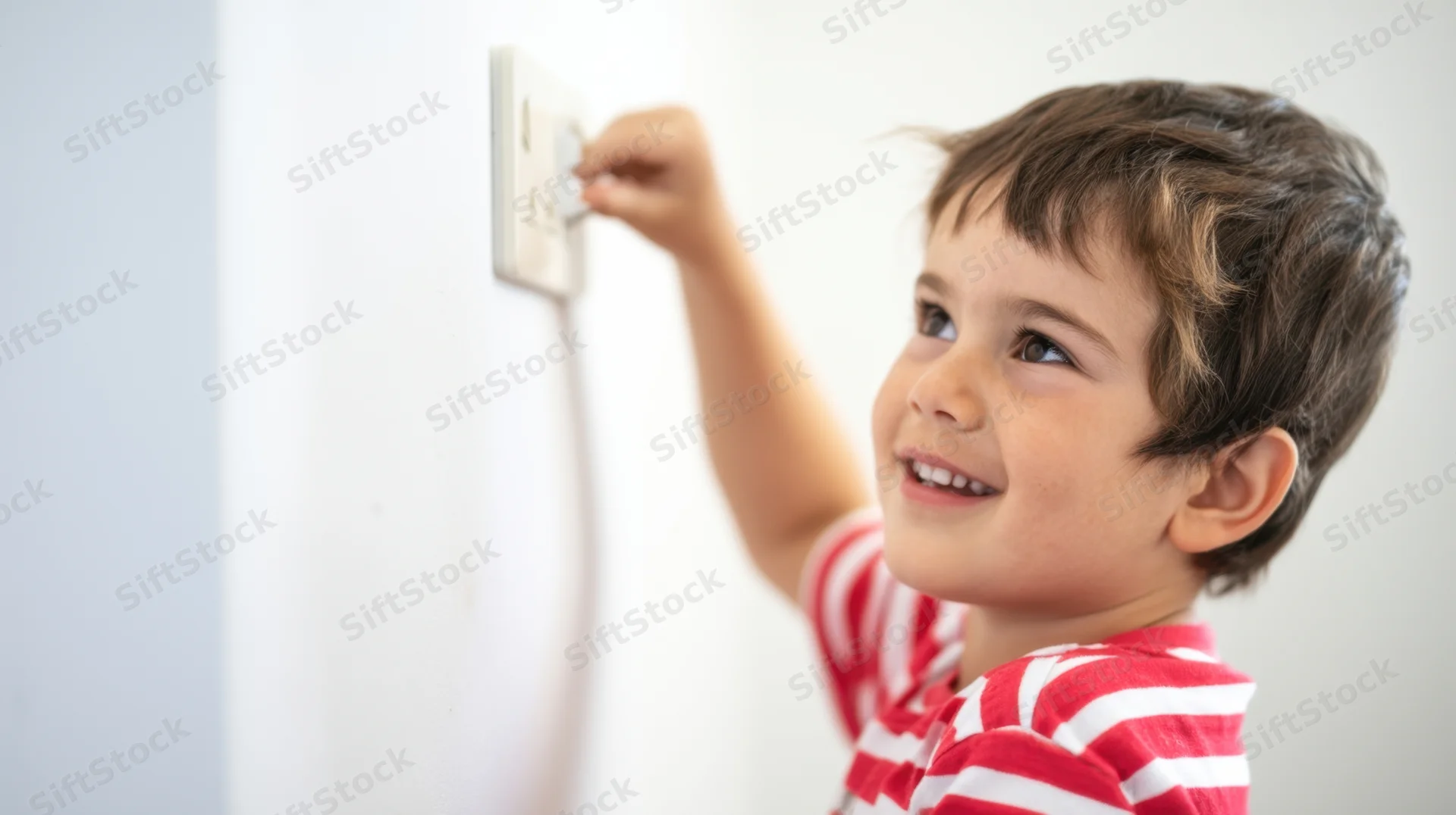 Young boy smiling while inserting a plug into a wall outlet at home