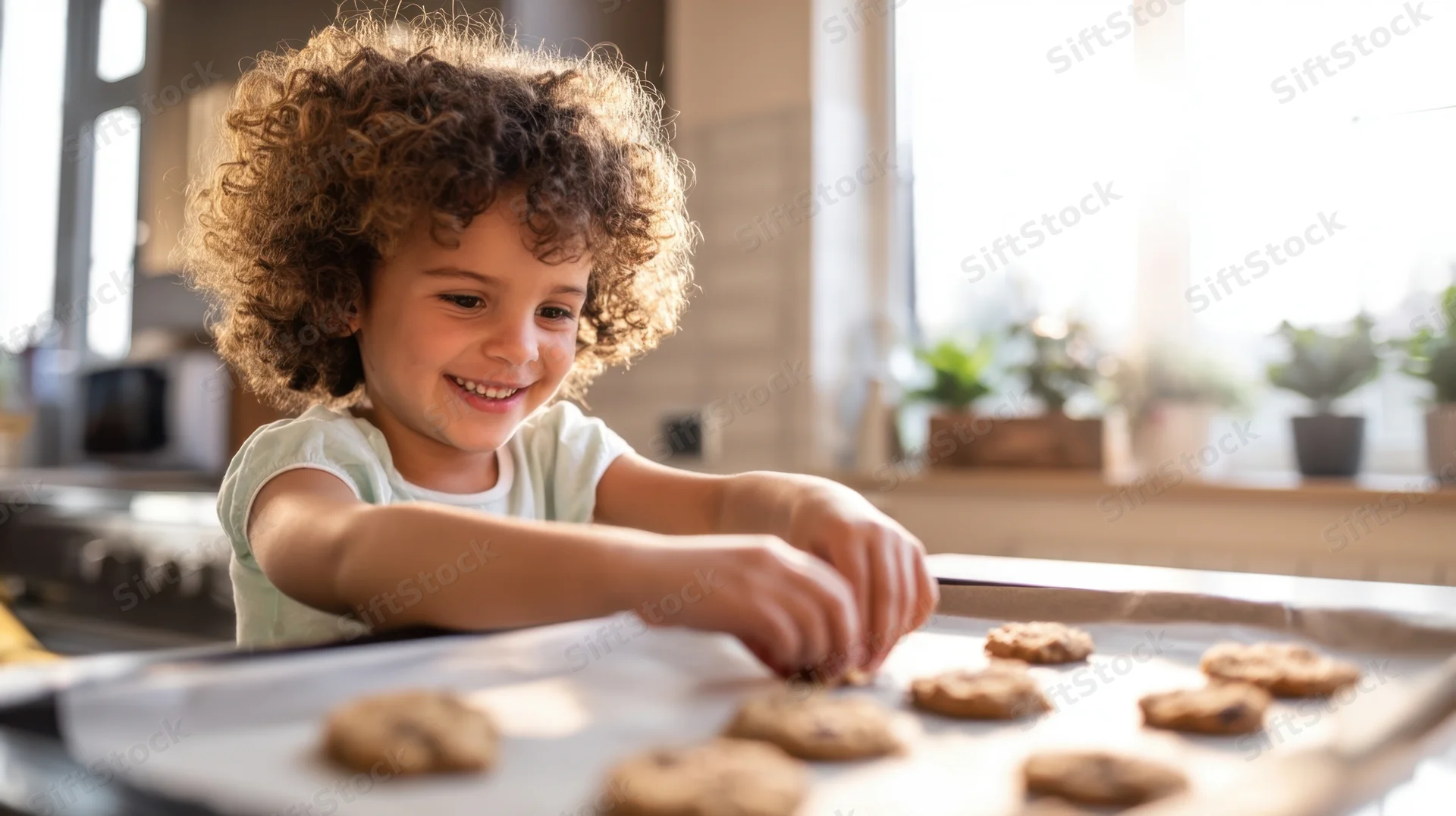 Young girl smiling while placing cookies on a baking tray in a kitchen