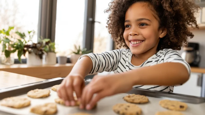 Young girl smiling while arranging cookies on a baking tray in a kitchen