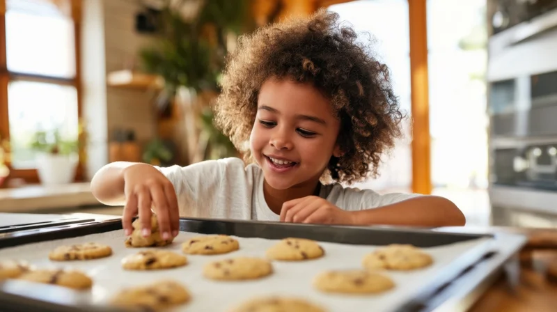 Young girl smiling while placing chocolate chip cookies on a baking tray in a bright kitchen