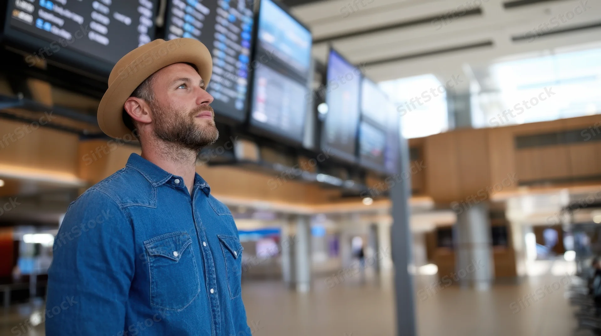 Man in denim shirt and beige hat looking up at flight information screens in airport terminal