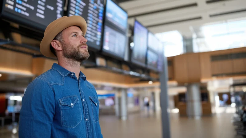 Man in denim shirt and beige hat looking up at flight information screens in airport terminal