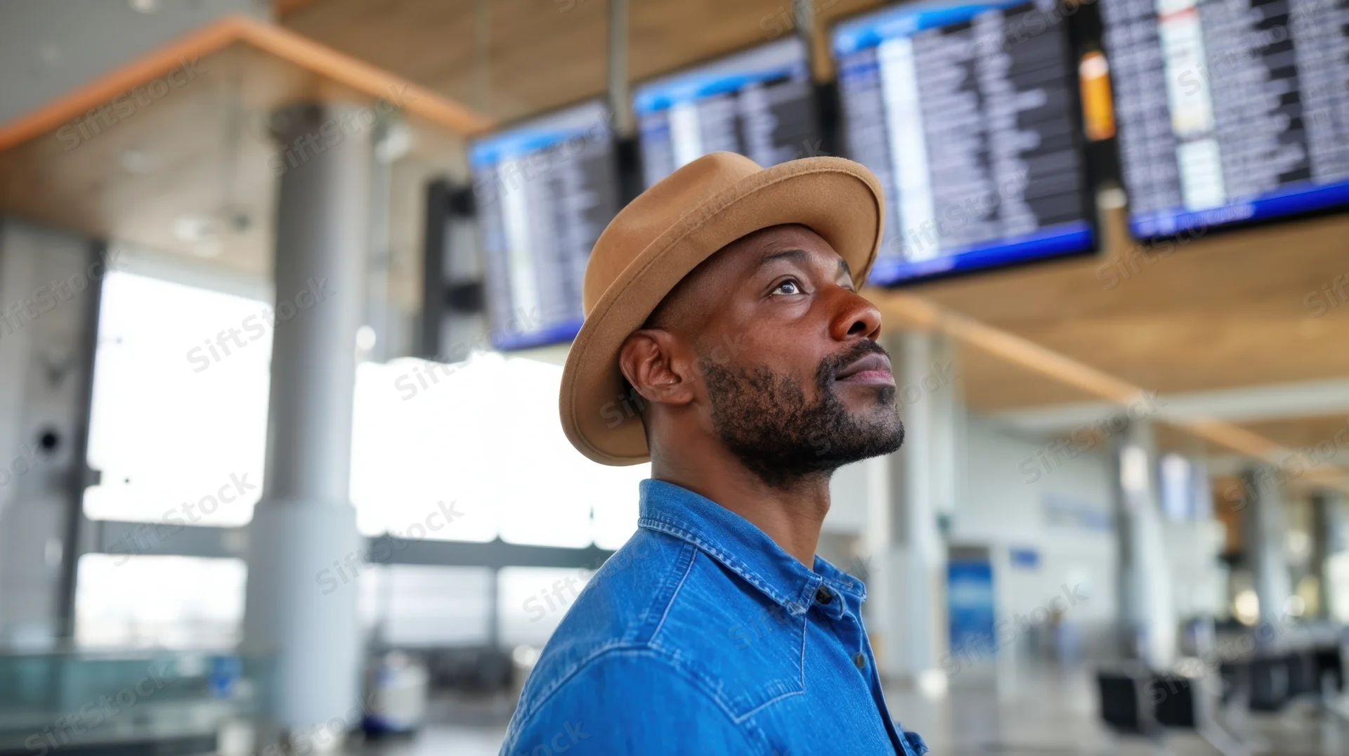 Man in blue denim shirt and tan hat looking up at flight information screens in airport terminal
