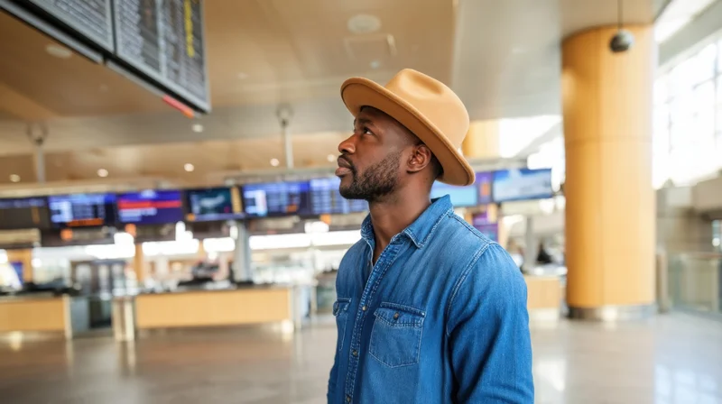 Young black man in profile wearing denim shirt and hat waiting in airport terminal