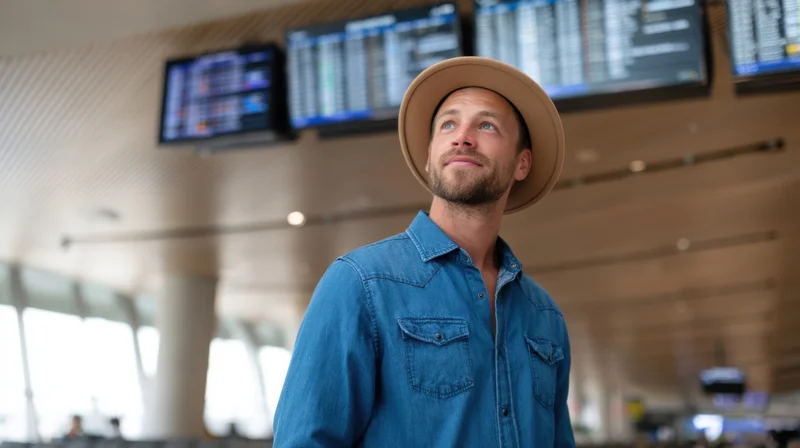 Young man in denim shirt and hat looking up at flight information screens in airport terminal