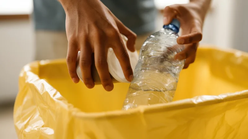 Hands placing plastic bottle and container into yellow recycling bin