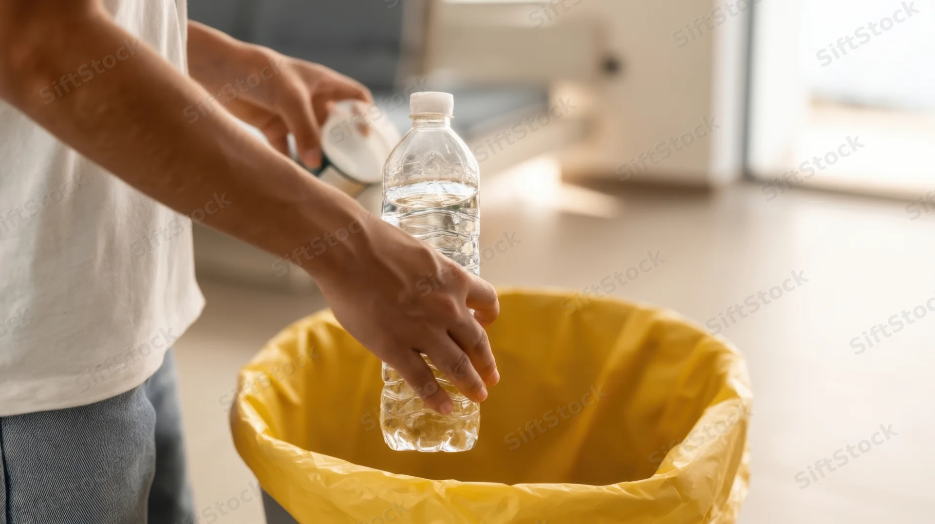 Young man discarding plastic bottle into yellow trash bin in kitchen