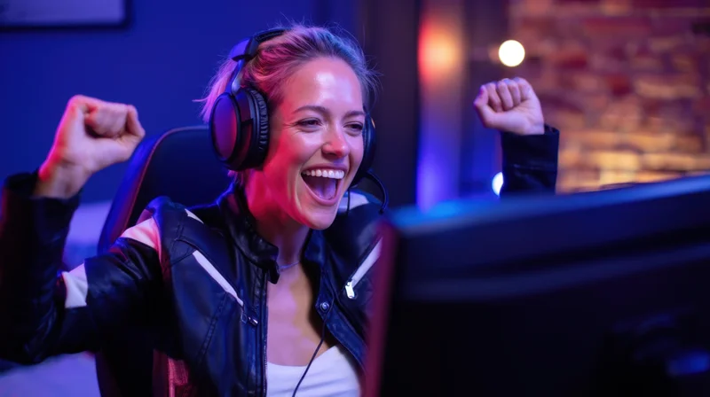 Young woman celebrating victory while gaming on computer in dimly lit room with neon lighting