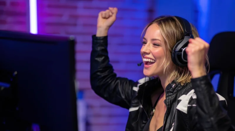 Young woman celebrating victory while gaming on a computer in a studio with neon lighting
