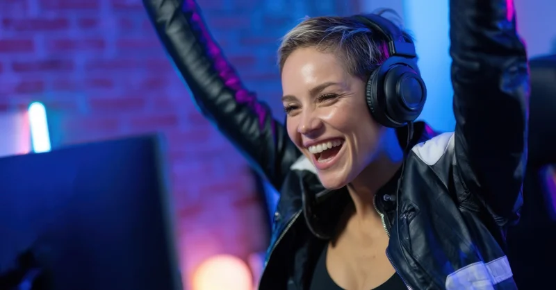 Young woman celebrating victory while gaming, wearing headset and leather jacket, in front of computer monitor with neon lights and brick wall background