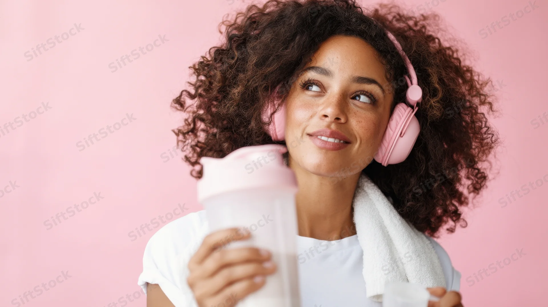 Young woman smiling with pink headphones and shaker bottle, towel over shoulder against pink background