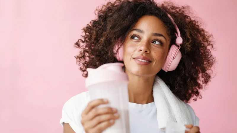 Young woman smiling with pink headphones and shaker bottle, towel over shoulder against pink background