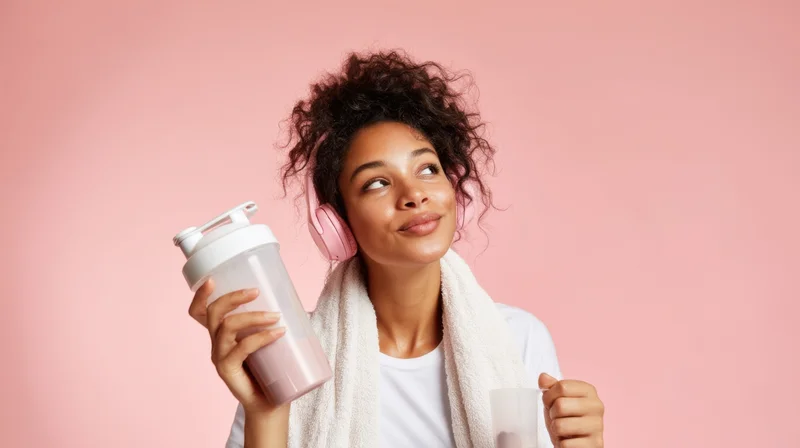 Young woman with headphones and shaker bottle, towel around neck, smiling against pink background