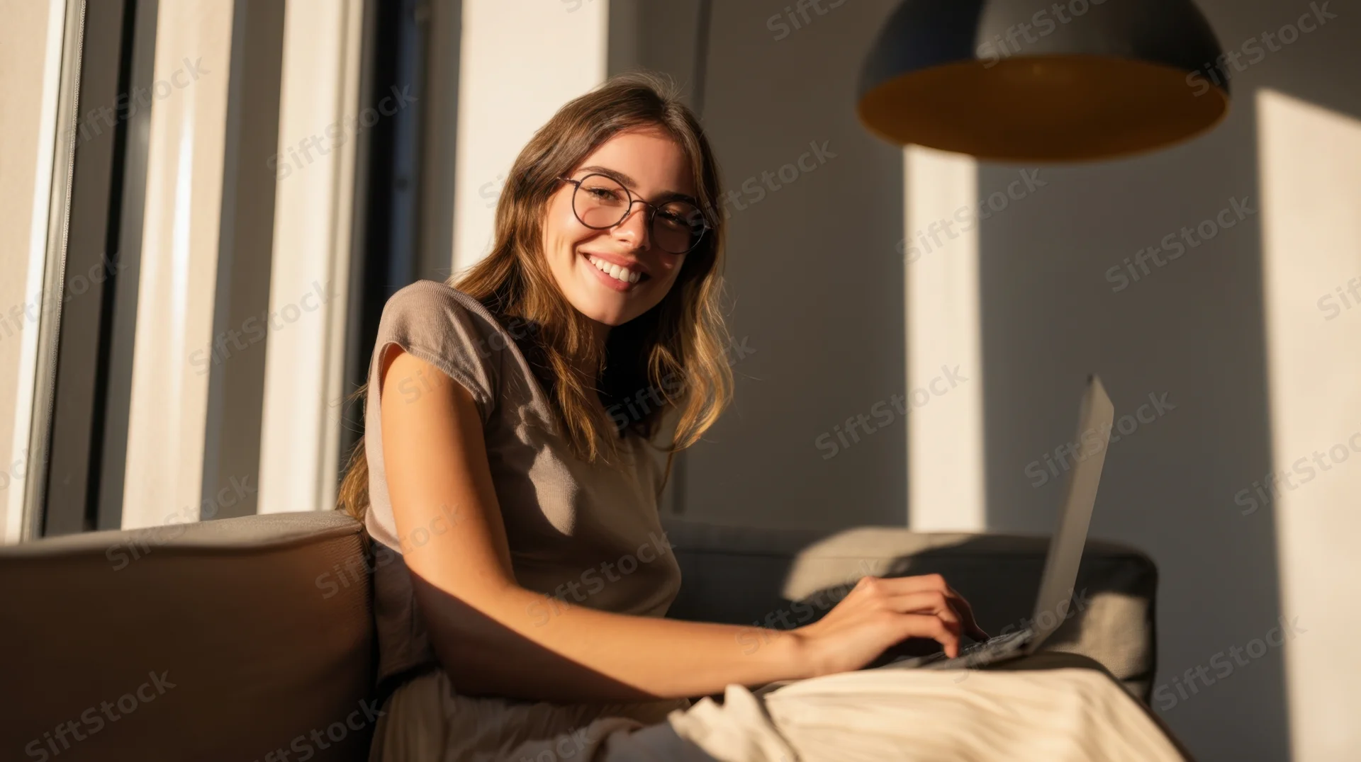 Young woman smiling while typing on laptop on sofa in sunlit living room