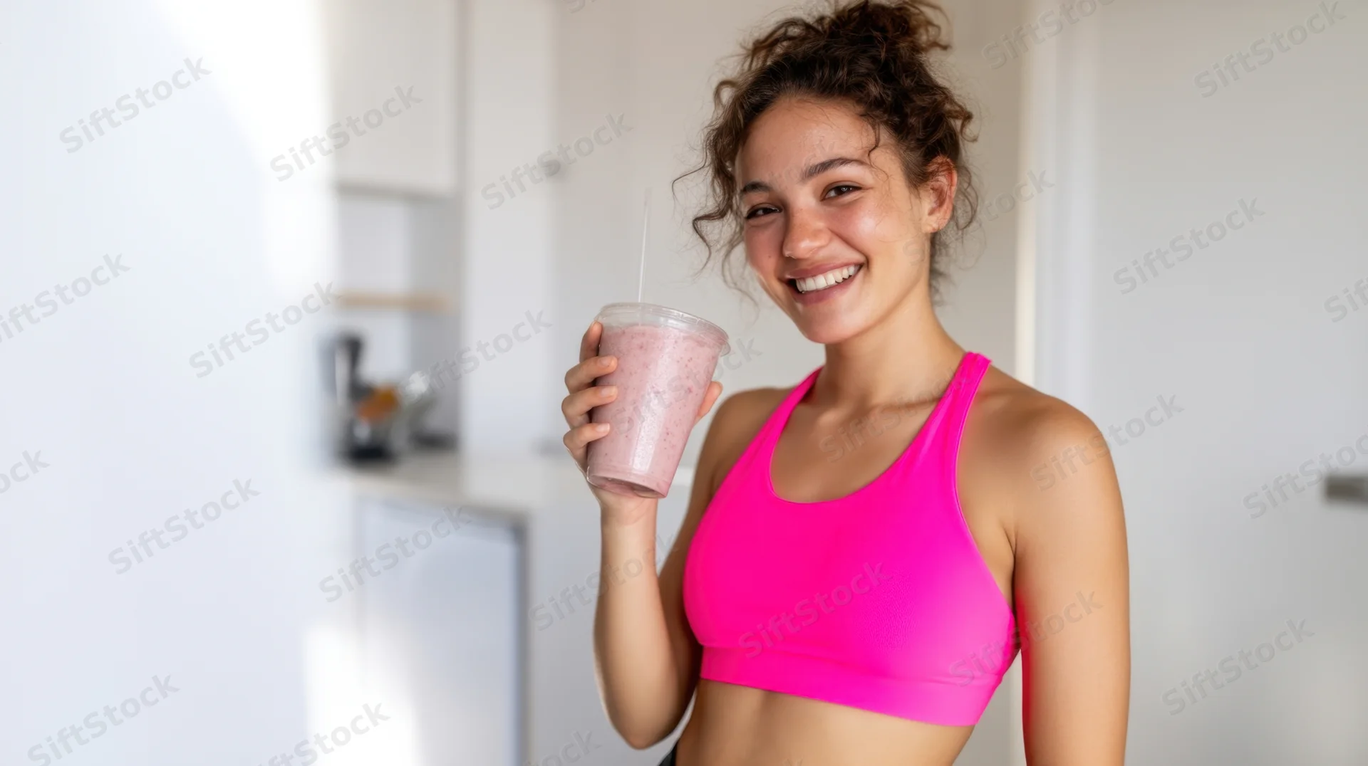 Young woman smiling while holding a pink smoothie in a kitchen