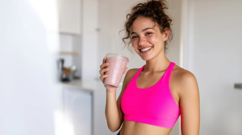 Young woman smiling while holding a pink smoothie in a kitchen