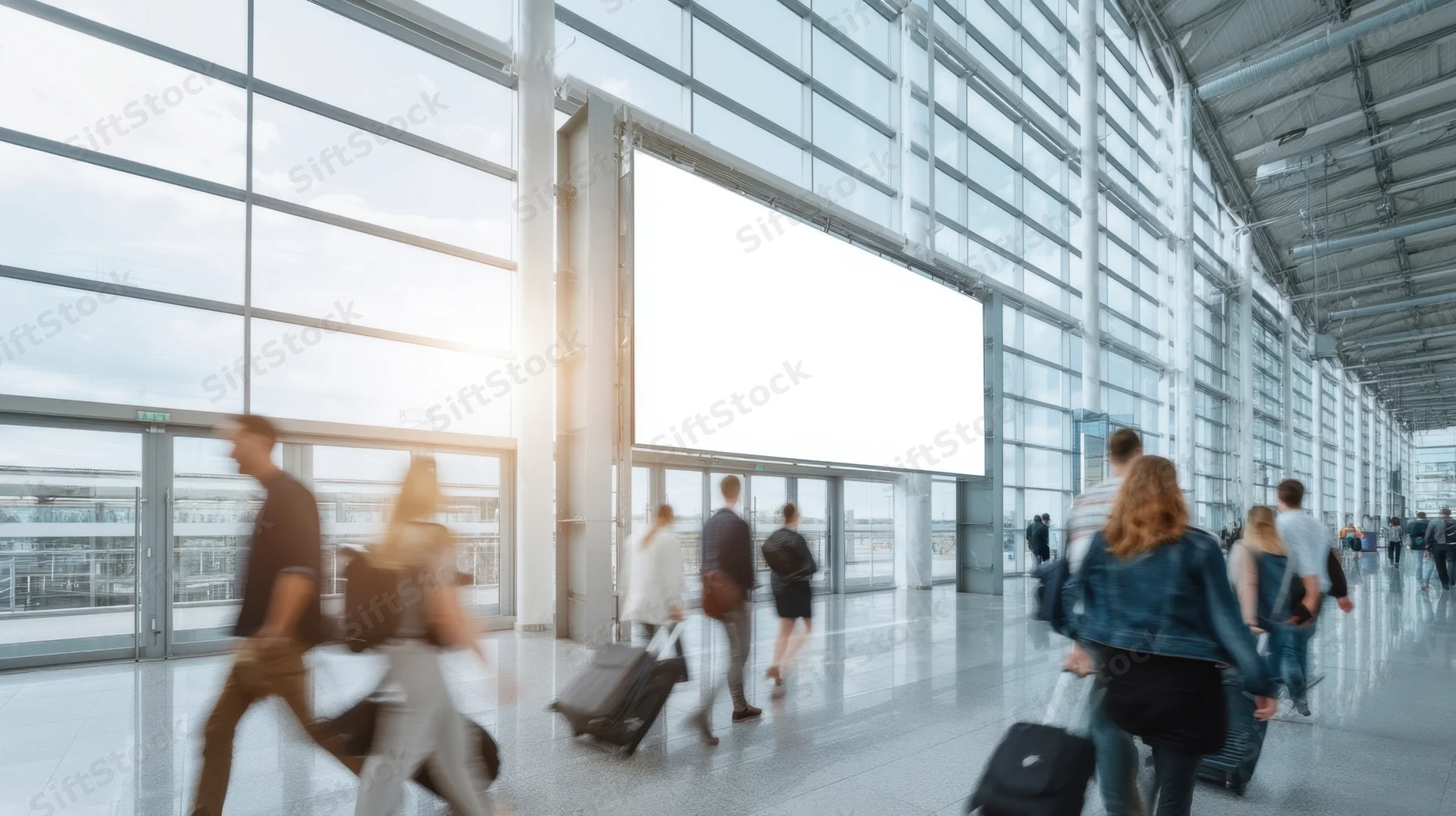 Travelers with luggage walking through a modern airport terminal with large glass windows and a blank digital screen