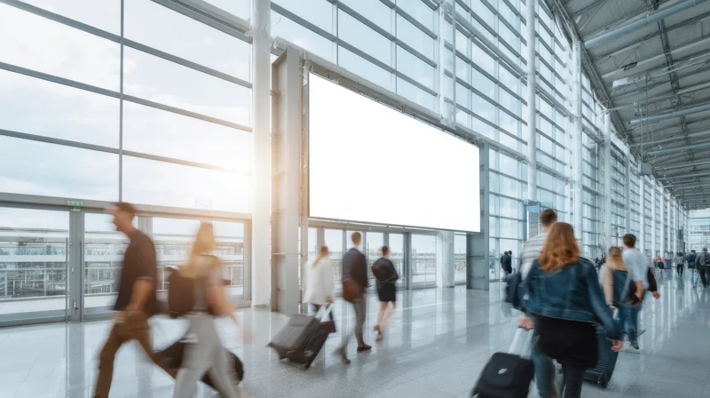 Travelers with luggage walking through a modern airport terminal with large glass windows and a blank digital screen
