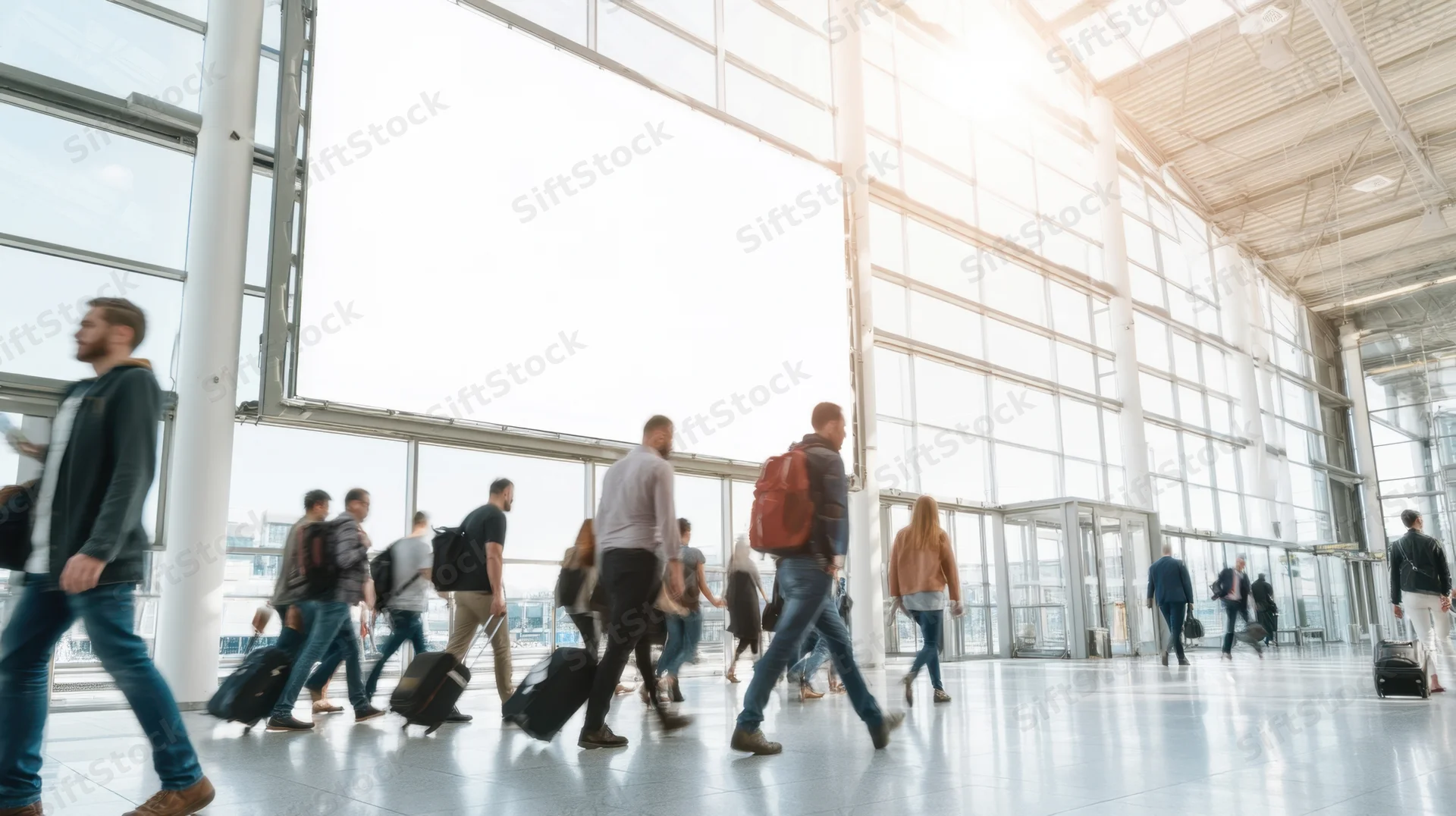 Travelers with luggage walking through a modern airport terminal with large glass windows and sunlight streaming in
