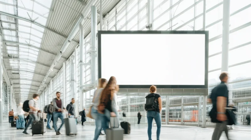Travelers with luggage walking through a modern airport terminal with a large blank digital display above a platform