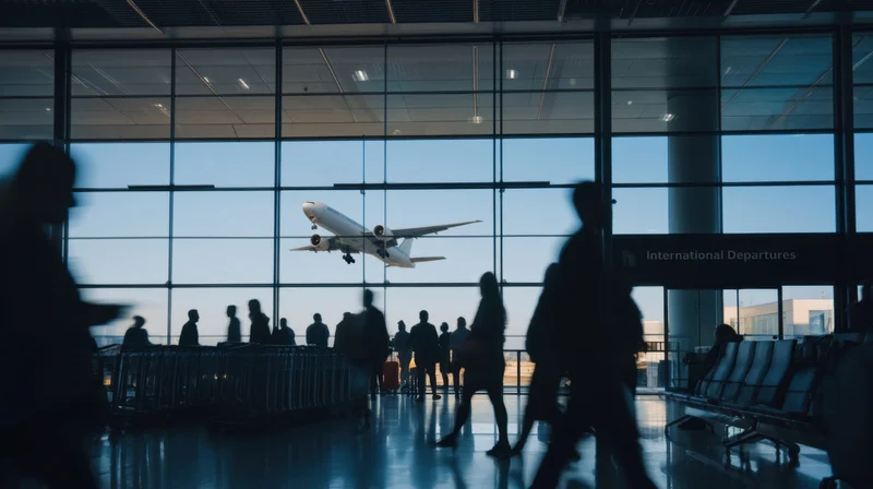 Silhouetted travelers in airport terminal watching airplane landing through large windows
